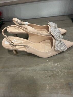 TOP Moda Nude Patent Slingback Heels with Crystal Bow Accent